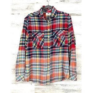 Panache Womens L Multi Dip Dyed Bleached Plaid Cotton Flannel Button Up Shirt